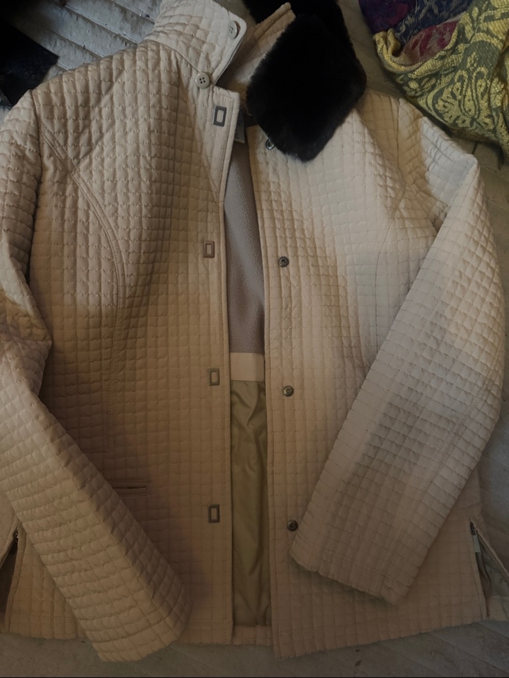George Cream Quilted Jacket with Dark Faux Fur Collar